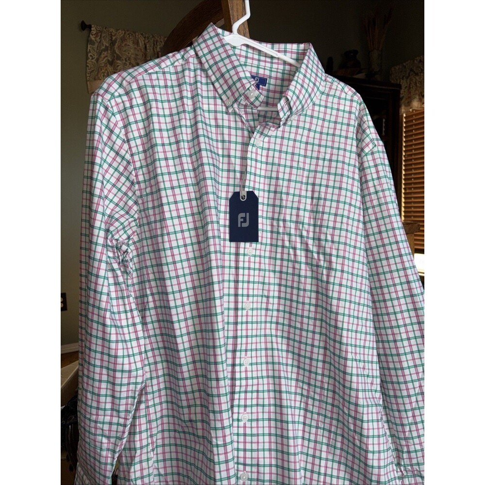 NWT MEN'S XL FOOTJOY BUTTON DOWN WHITE/GREEN/PINK SHIRT GOLF ACTIVE WEAR NEW